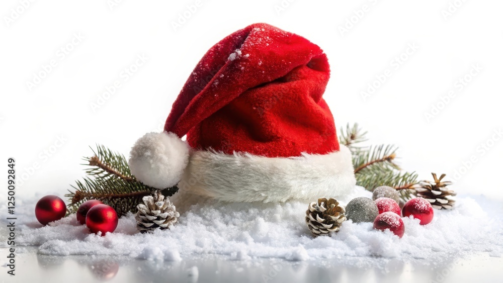 Obraz premium A festive red Santa hat sits atop a pile of snowy winter items on a transparent background, winter accessories, merry