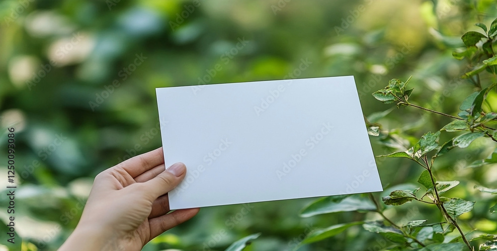 Hand holds blank white paper mockup against a blurred green background for graphic design uses Hand holds blank white paper mockup against a blurred green background for graphic design uses