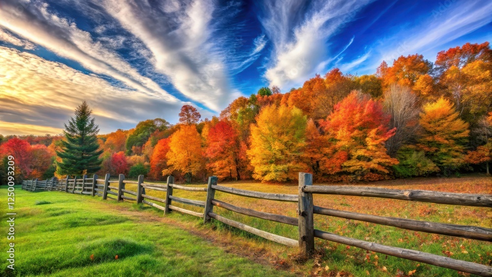 Fototapeta premium A rustic wooden fence stands guard against a backdrop of vibrant autumnal colors and lush green foliage, set against a warm blue sky with few wispy clouds, fence, autumn landscape