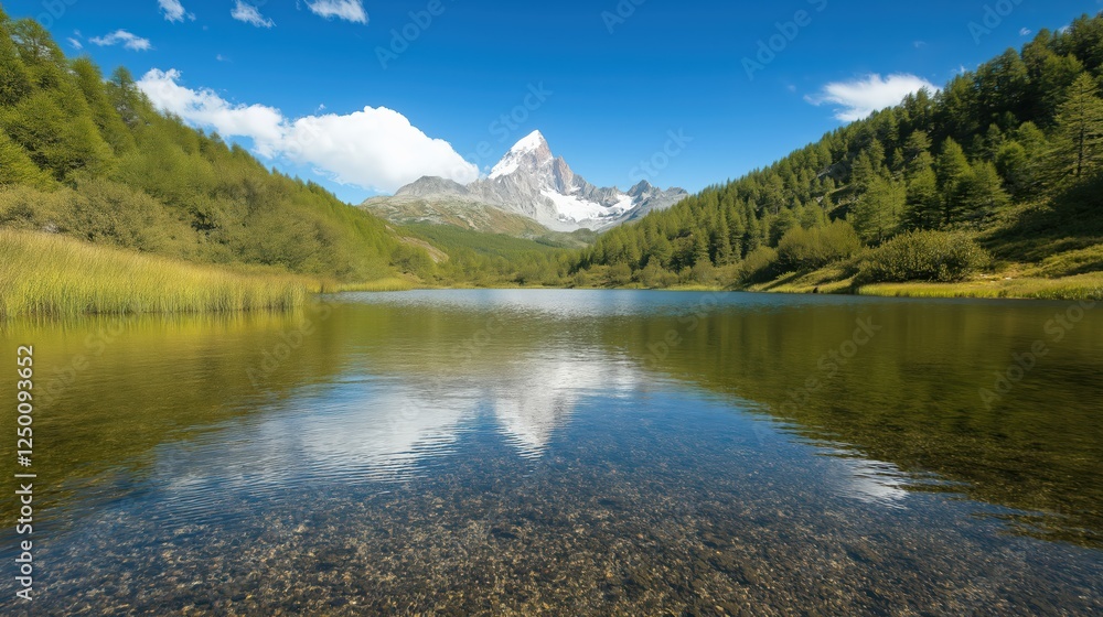 Fototapeta premium Serene Mountain Lake Reflecting Snow Capped Peak
