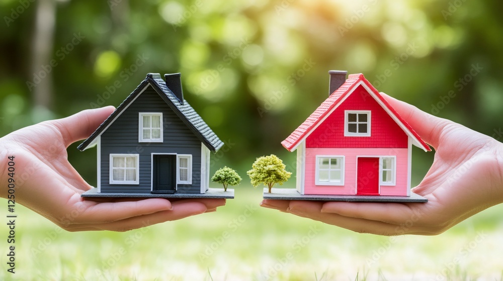 Hands holding houses, park background, real estate choice Hands holding houses, park background, real estate choice