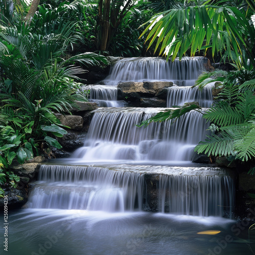 serene waterfall cascades over rocky steps, surrounded by lush green foliage and tropical plants, creating tranquil and peaceful atmosphere