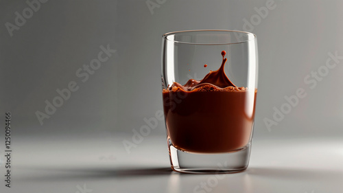 un vaso lleno de leche con chocolate, generando una salpicadura dentro del vaso. Diseño moderno y minimalista sobre un fondo gris. Imagen generada photo