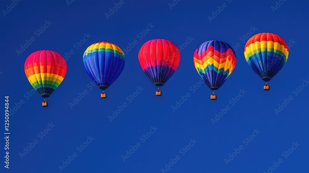Fototapeta premium A wide panoramic view of rainbow balloons floating at different heights in a deep blue sky, ample copy space for text placement.
