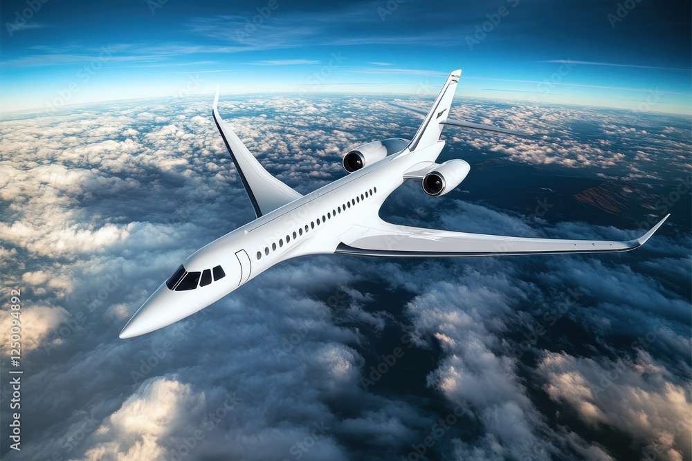 Luxurious private jet soaring above clouds. Luxurious private jet soaring above clouds.