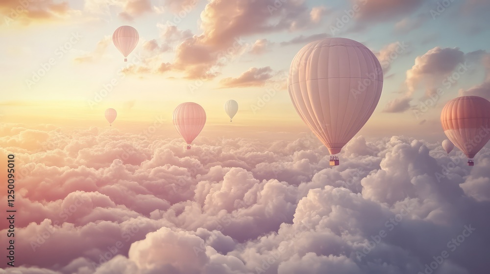 Fototapeta premium Balloons ascending into a sky filled with cotton candy clouds, dreamy copy space.