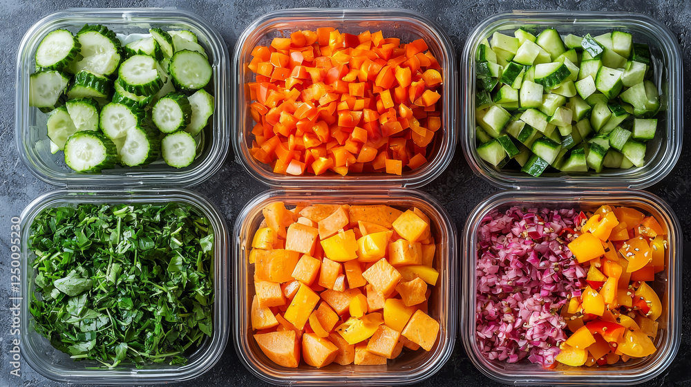 Freshly prepared vegetables in containers for meal prep Freshly prepared vegetables in containers for meal prep