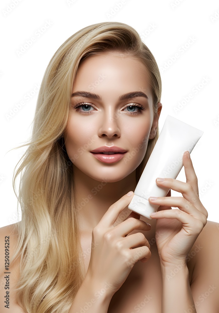 Woman Presenting Blank Tube Package for Beauty Product on White Background Woman Presenting Blank Tube Package for Beauty Product on White Background
