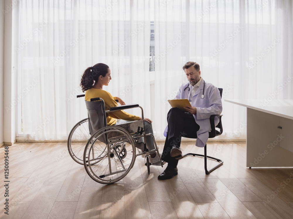 Health care latin woman sick sit wheelchair with man doctor caucasian two people check and treat patients talk help support explain medicine sick person in take care your health hospital clinic Health care latin woman sick sit wheelchair with man doctor caucasian two people check and treat patients talk help support explain medicine sick person in take care your health hospital clinic