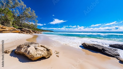 Stunning Beach Landscape with Rocky Shore and Bright Blue Sky on a Sunny Day : Generative AI photo