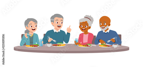 old man and old woman and friend eat steak meat together at restaurant