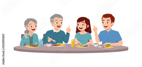 man and woman, old and young, eat steak meat together at restaurant