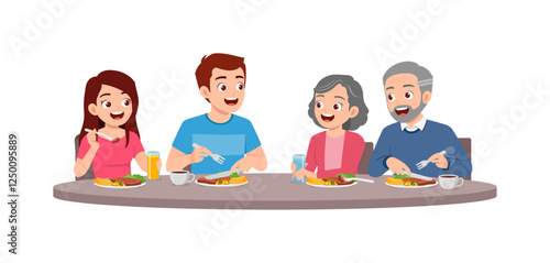man and woman, old and young, eat steak meat together at restaurant