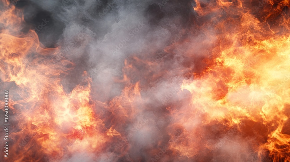 Fiery inferno engulfing dark background, intense flames and smoke billowing, used for disaster or apocalyptic visuals Fiery inferno engulfing dark background, intense flames and smoke billowing, used for disaster or apocalyptic visuals