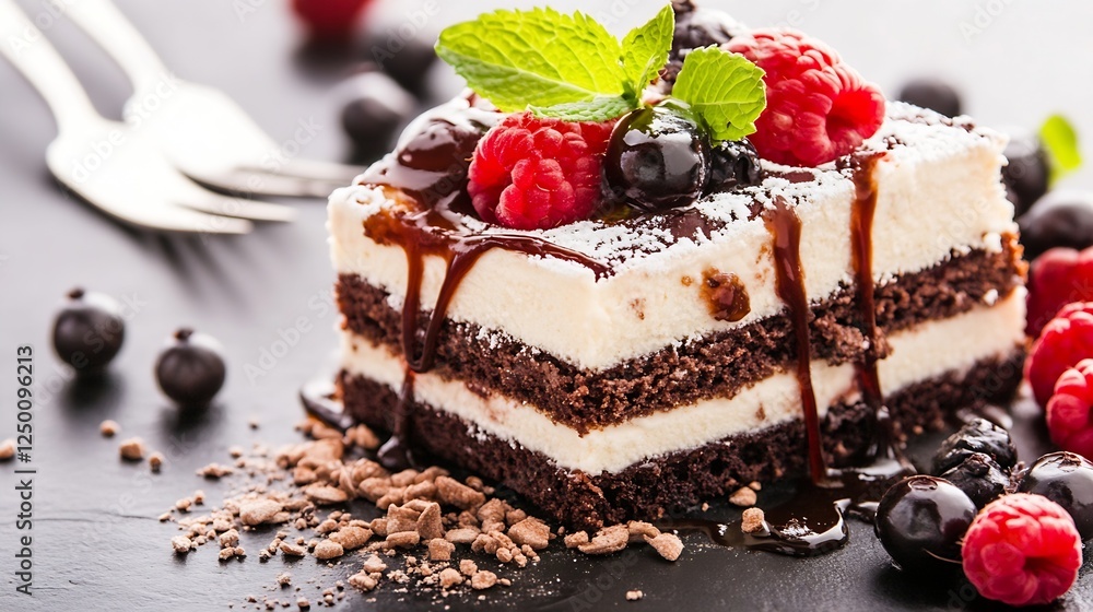 Delicious Chocolate Cake Layered with Cream and Topped with Berries on a Dark Elegant Plate : Generative AI Delicious Chocolate Cake Layered with Cream and Topped with Berries on a Dark Elegant Plate : Generative AI