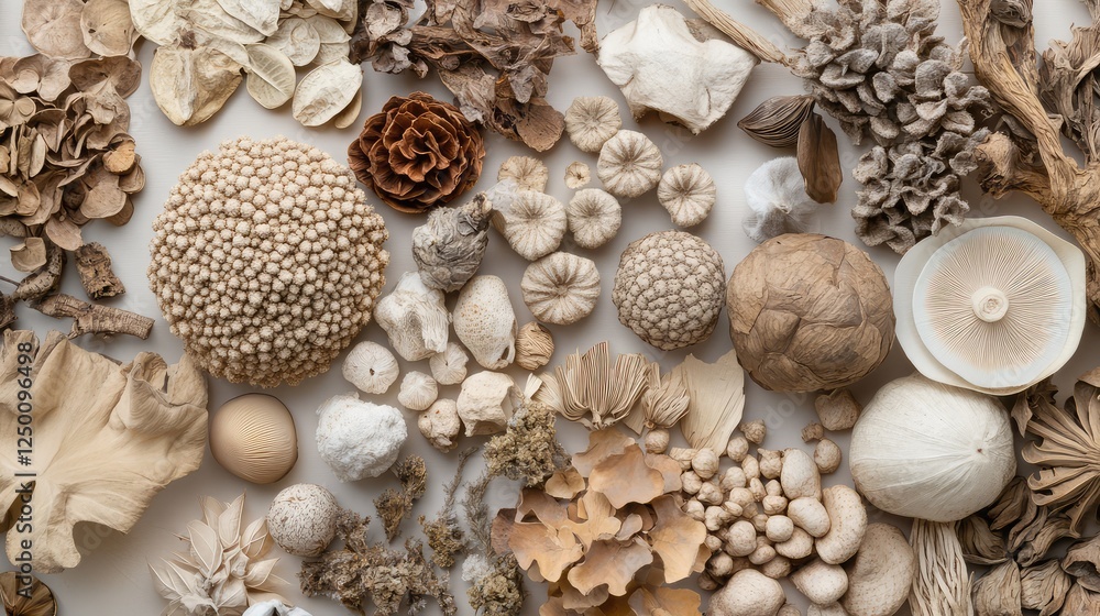 Obraz premium Dried botanicals arranged in a flat lay composition, neutral color palette with ample negative space.