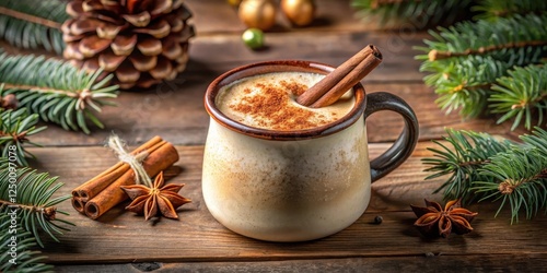 Warm eggnog in a rustic ceramic mug with a sprinkle of cinnamon and nutmeg on the rim, winter beverage