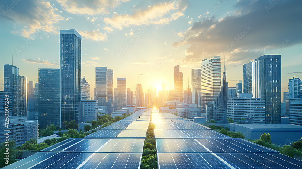 Fototapeta premium Photovoltaic cells, solar-powered infrastructure, powering the future enable the development of smart, sustainable cities. Solar-Powered Cities. Illustration