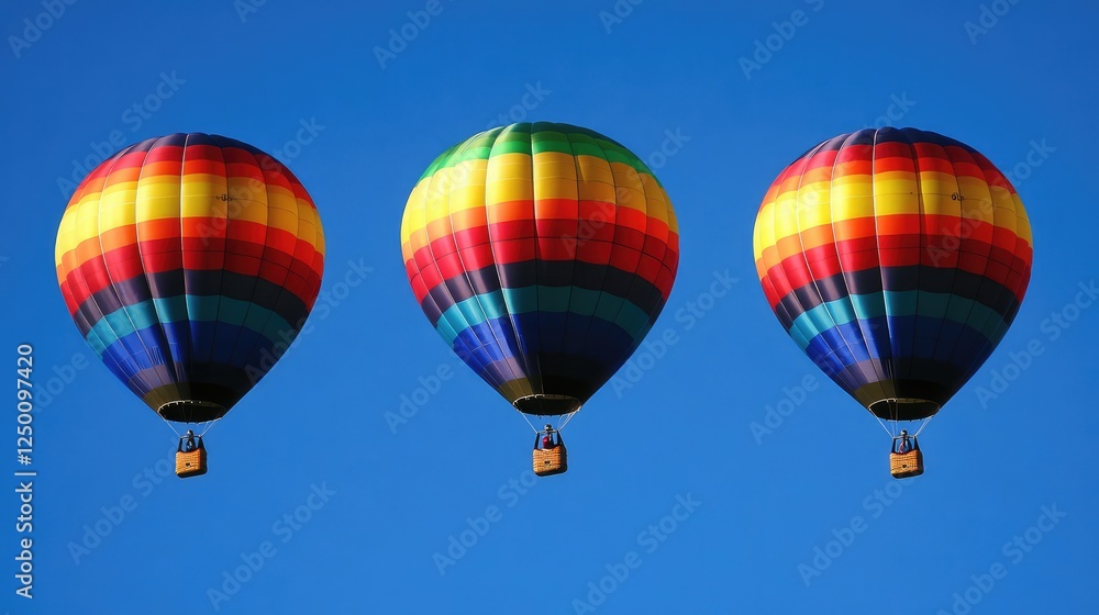 Naklejka premium Floating rainbow balloons reflecting sunlight, deep blue sky serving as an excellent copy space.