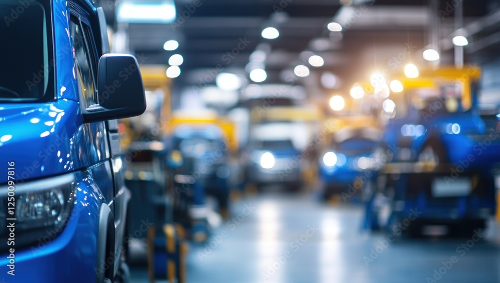 Fototapeta premium Blue Van in Assembly Line: Automotive Manufacturing Plant