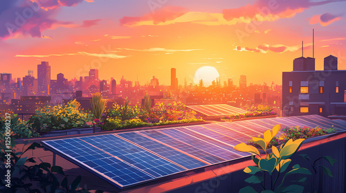 Rooftop garden with solar panels at sunset in a city. Solar-Powered Cities. Illustration photo