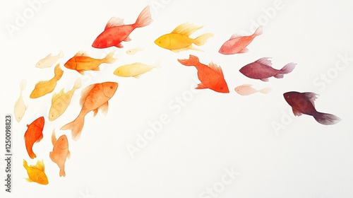 Colorful watercolor fish swimming in a dynamic arc against a white background, ideal for decor