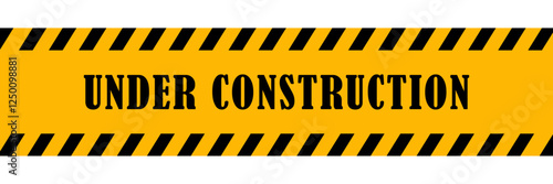 Under construction tape vector symbol.  Under Construction Badge Logo. Under construction warning sign with black and yellow striped hazard border for safety and maintenance work area caution. work.