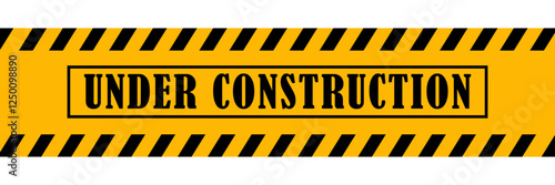 Under construct signboard in yellow and black color set. Under construction sign with black and yellow hazard stripes for safety warning, caution, maintenance, and work zone barricade. caution. road. 