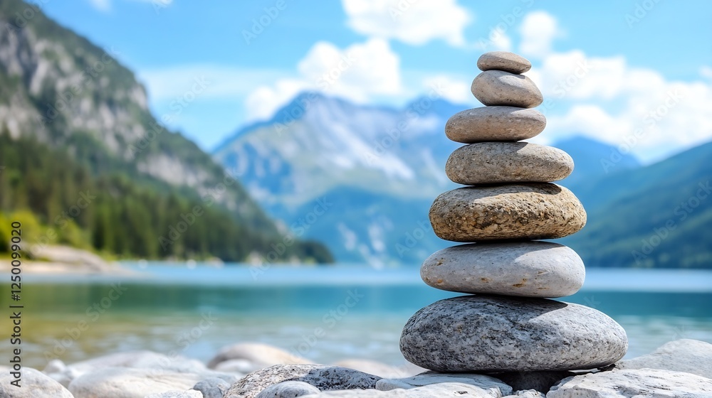 Beautiful Tower of Smooth Stones Balanced at Lakeside with Stunning Mountain Background Under Blue Sky : Generative AI Beautiful Tower of Smooth Stones Balanced at Lakeside with Stunning Mountain Background Under Blue Sky : Generative AI