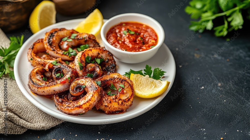 Grilled squid with dipping sauce on a white plate, illuminated by natural light, surrounded by open space for design or branding ideas. Grilled squid with dipping sauce on a white plate, illuminated by natural light, surrounded by open space for design or branding ideas.