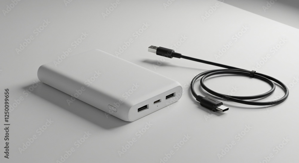 Fototapeta premium A sleek white power bank with dual USB ports and a black Type-C charging cable, placed on a clean surface, showcasing a modern and minimalistic design.