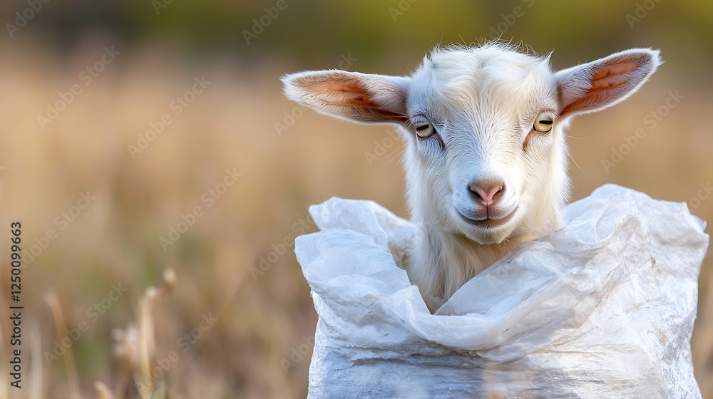 Fototapeta premium Cute Goat with Soft White Fur Peeking Out from a Torn Plastic Bag on a Sunny Day in a Meadow : Generative AI