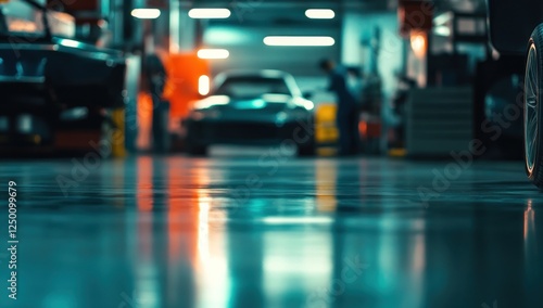 Wallpaper Mural Reflective Garage Floor with Blurred Cars and Mechanics at Work Torontodigital.ca