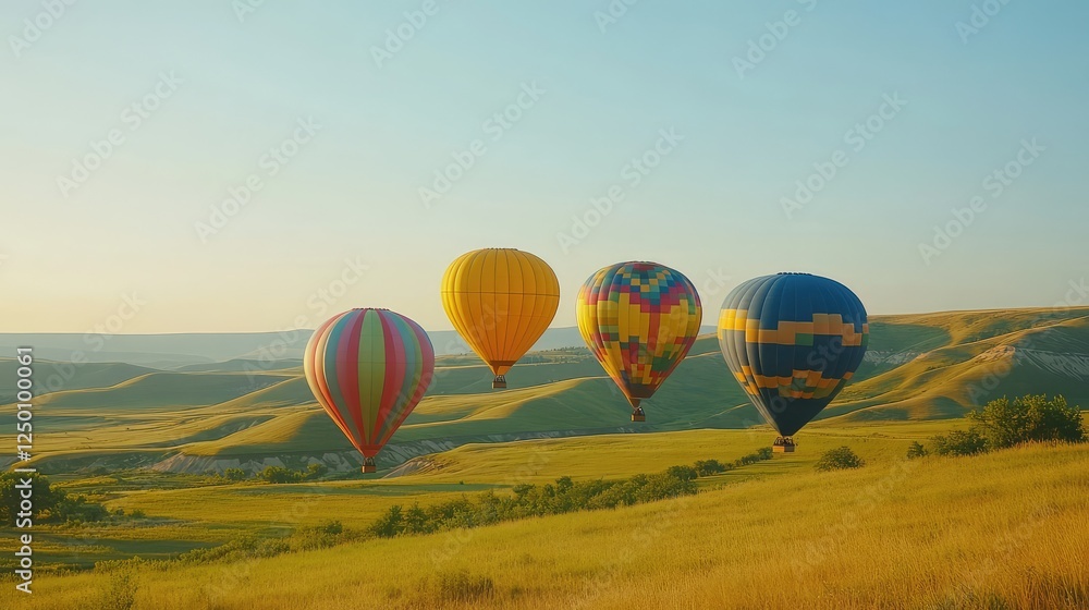 Fototapeta premium Majestic hot air balloons of various colors and patterns soaring above rolling green fields under a golden sunrise, vast sky offering ample copy space for creative designs.