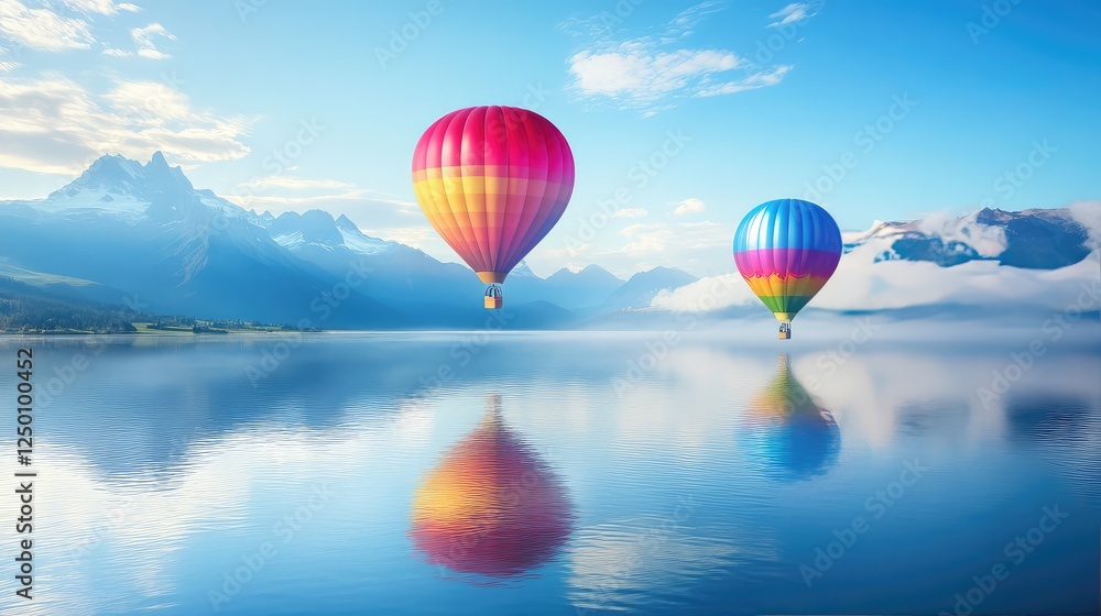 Fototapeta premium Rainbow balloons floating over a calm lake, their reflections shimmering in the water, leaving vast sky as copy space.