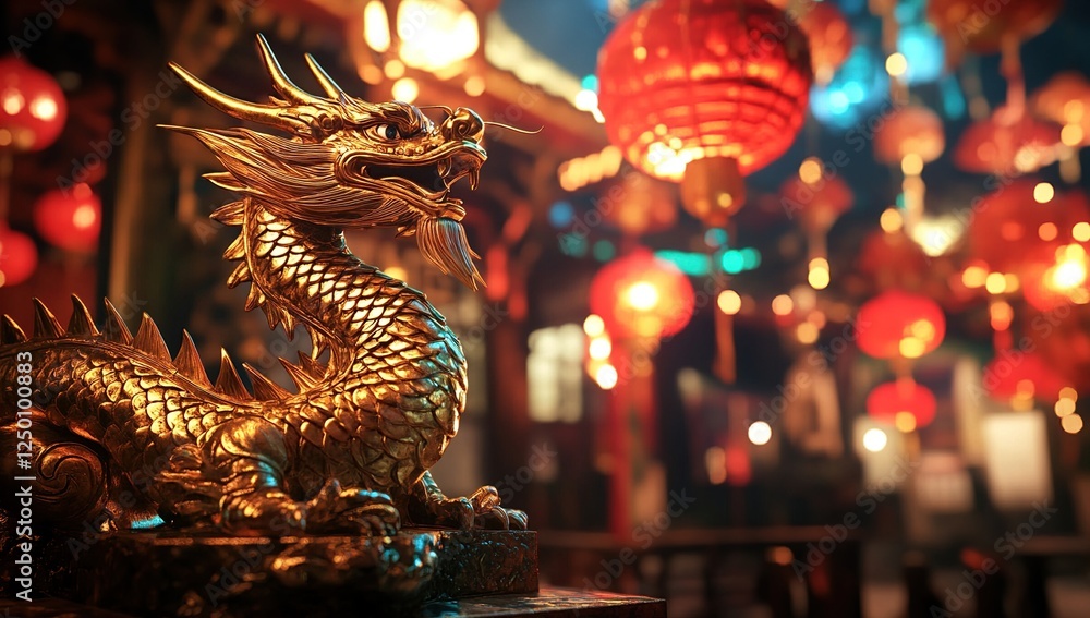 Obraz premium Golden Dragon Statue Rests Serenely Amidst Festive Lanterns, Illuminating Cultural Heritage