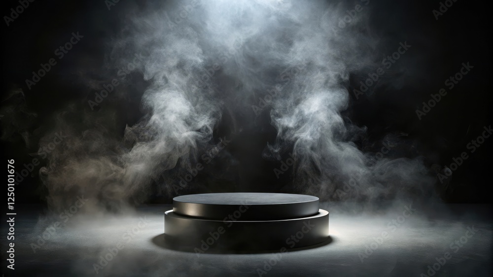 Dark black smoke surrounds a round stone podium with a sleek and modern design, emitting a mysterious aura, black, mystery, black Dark black smoke surrounds a round stone podium with a sleek and modern design, emitting a mysterious aura, black, mystery, black