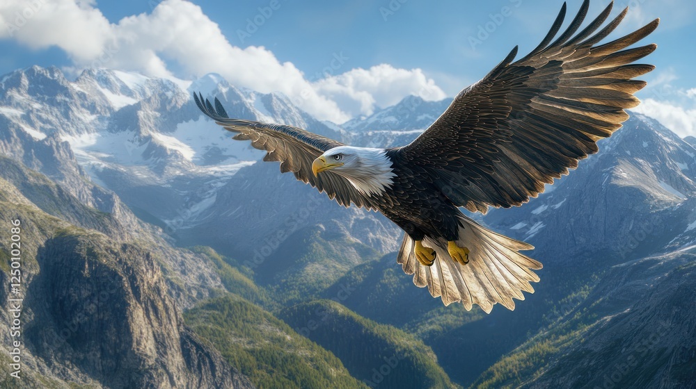 Naklejka premium Bald eagle soaring over majestic snow-capped mountains
