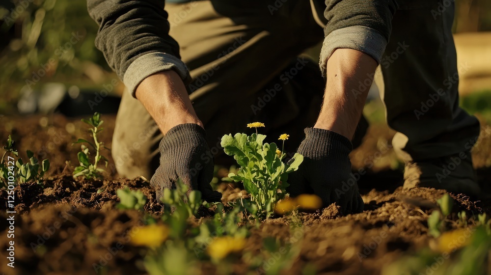 A close-up of a gardener kneeling while planting flowers. A close-up of a gardener kneeling while planting flowers.