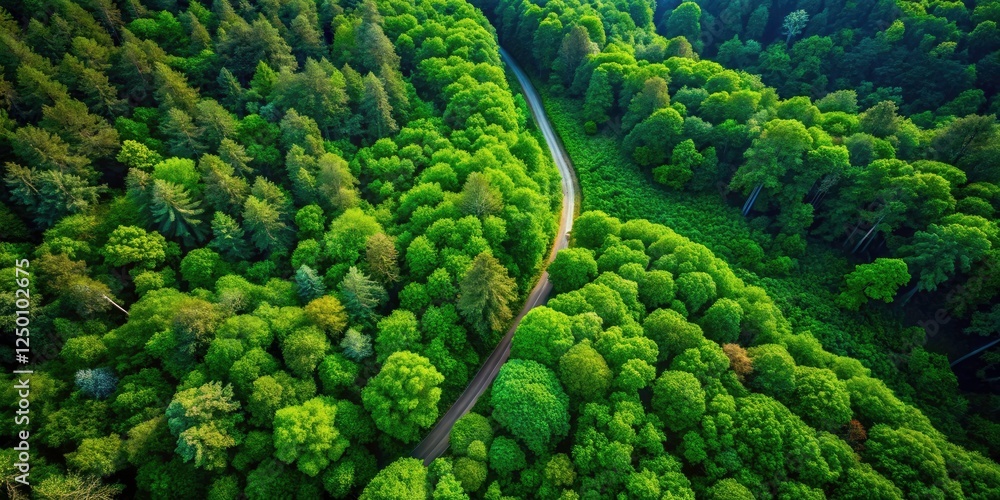 Lush green forest path seen from above; drone captures canopy, trees, and vibrant foliage. Lush green forest path seen from above; drone captures canopy, trees, and vibrant foliage.