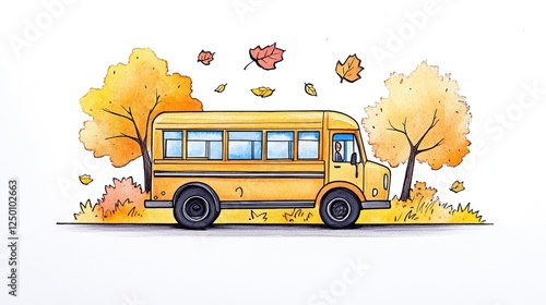 Colorful autumn scene with a yellow school bus driving through falling leaves and trees