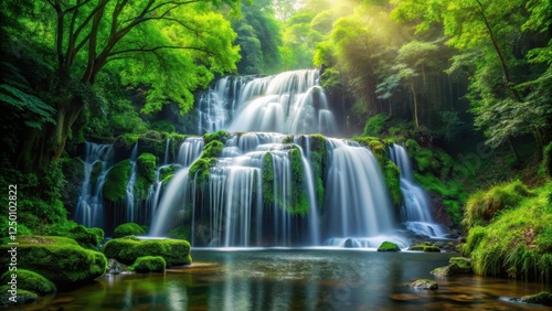 waterfall cascade in dense green forest, scenic view, outdoors,  scenic view, outdoors, nature, scenery, peaceful,forest