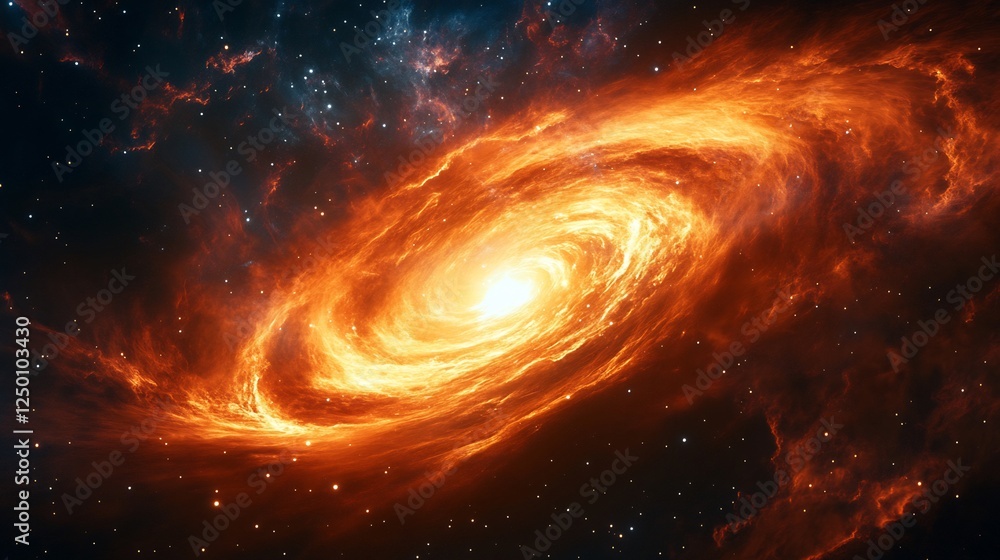 Fototapeta premium Fiery orange spiral galaxy swirls brilliantly against dark space. AI Generated