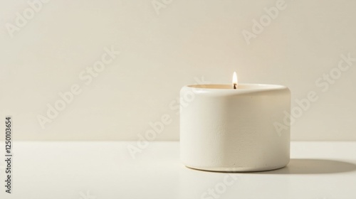 Wallpaper Mural A single, softly lit cylindrical candle, crafted from off-white concrete, rests on a minimalist white surface, casting a gentle shadow. Torontodigital.ca