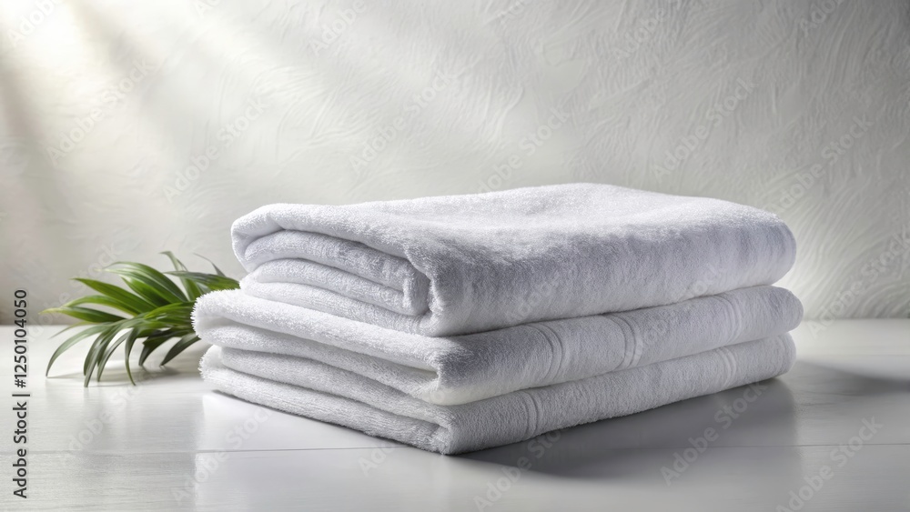 Luxurious white towels, soft texture, fresh laundry scent; minimalist elegance in bathroom decor. Luxurious white towels, soft texture, fresh laundry scent; minimalist elegance in bathroom decor.