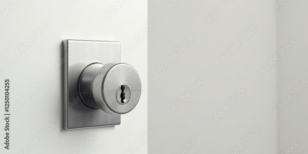 Close-up view of a modern, minimalist door handle and keyhole on a smooth white surface Close-up view of a modern, minimalist door handle and keyhole on a smooth white surface