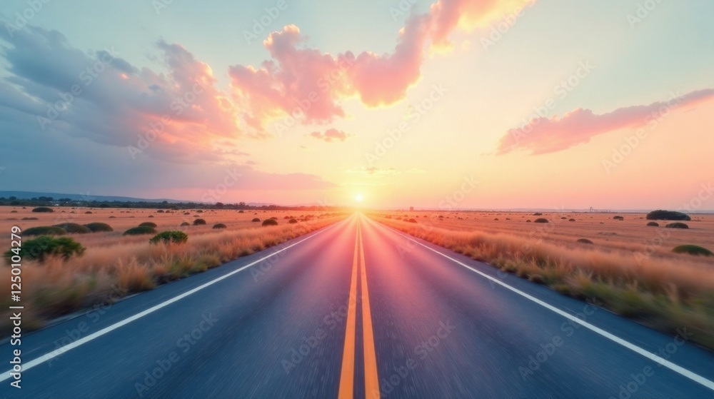 Naklejka premium Asphalt ribbon unwinding towards a breathtaking sunset, golden hour illuminating the endless journey ahead