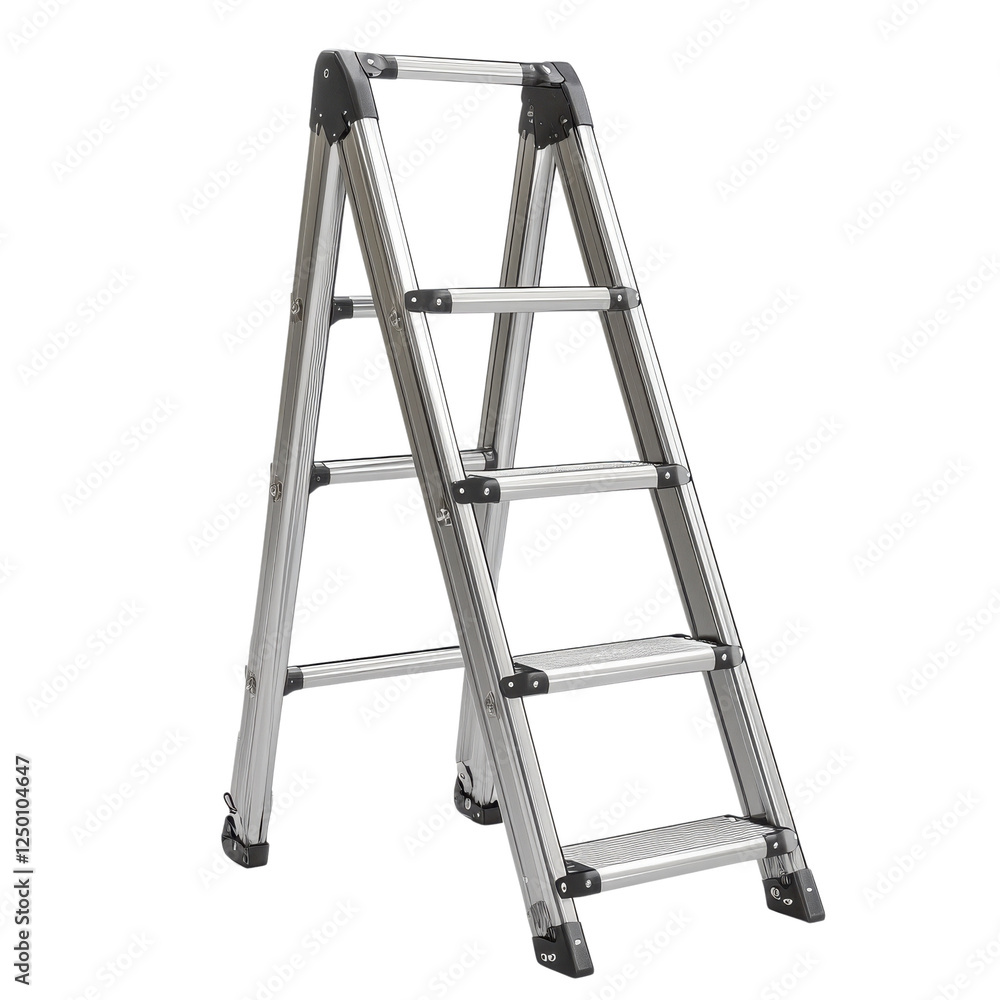 A sturdy aluminum ladder with five steps, designed for safe access to high places. Ideal for construction and home improvement projects. A sturdy aluminum ladder with five steps, designed for safe access to high places. Ideal for construction and home improvement projects.
