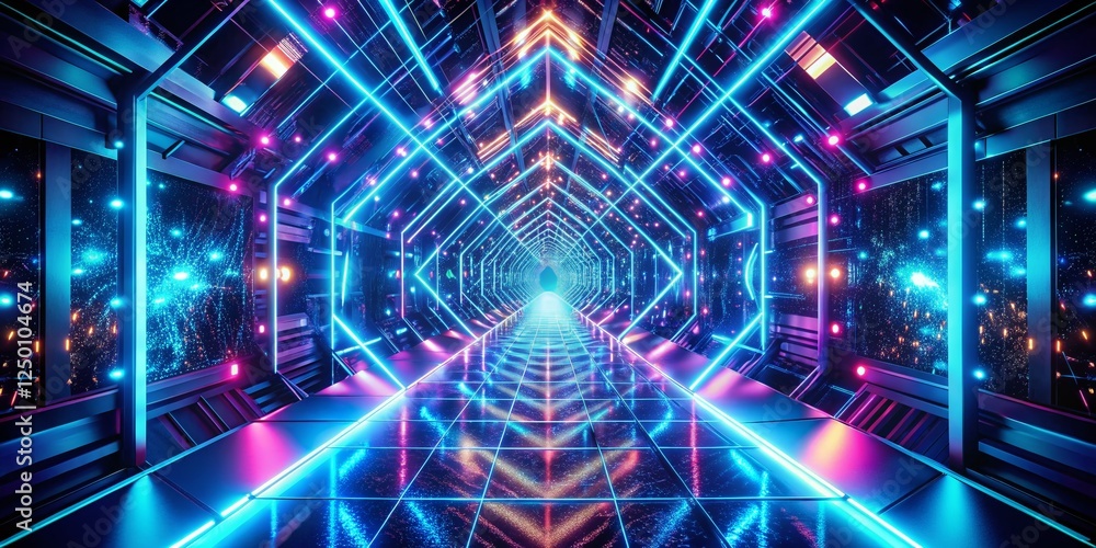Obraz premium Abstract Digital Tunnel: Blue Neon Lights, Tilt-Shift Miniature Effect Stock Photo