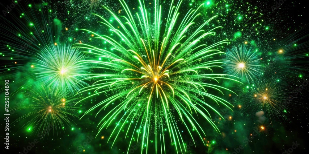 Macro photography captures vibrant green fireworks exploding against a starlit night sky. Macro photography captures vibrant green fireworks exploding against a starlit night sky.